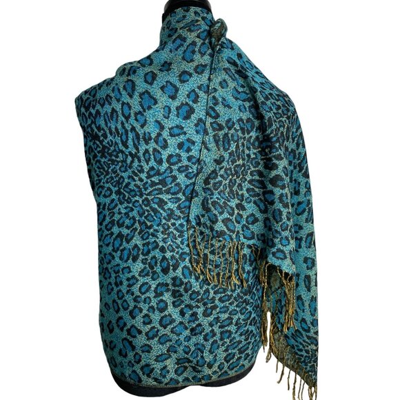 Rikka Womens Blue Animal Print Fringed Scarf One Size Boho Mobwife Whimsigoth - Picture 2 of 6